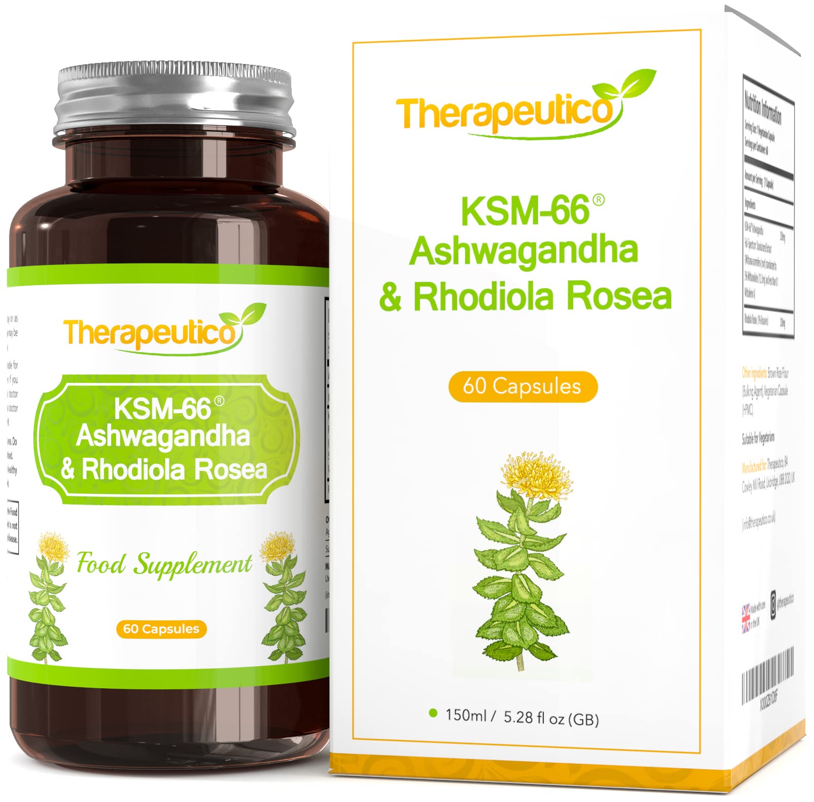 KSM66® Ashwagandha & Rhodiola Rosea Blend | Adaptogen Complex | No Preservatives | 60 Vegan Caps | Made in UK | Relax, Mental Clarity, Focus