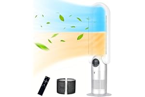 Ocean Loong 1500W Space Heater & 38.6” Bladeless Tower Fan for Home Bedroom, Eco Electric Heater with Adjustable Thermostat, Tip-Over Switch, Remote, Timer, Oscillating Floor Fan, AC68, (Silver)