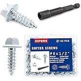 BOPOWO Self-Tapping Gutter Screws White Painted Slotted Hex Washer Head #8 x 1/2" Zinc Plated Finish, Includes 1/4" Magnetic Hex Driver - for Gutter Install