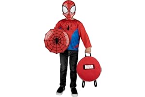 JAZWARES COSTUME PLAY MARVEL Spider-Man PowerPak Dress-Up Set - Backpack with 12-inch Removable Plastic Shield, Throwing Discs, Long Sleeve Costume Top, and Plastic Mask - Youth Medium