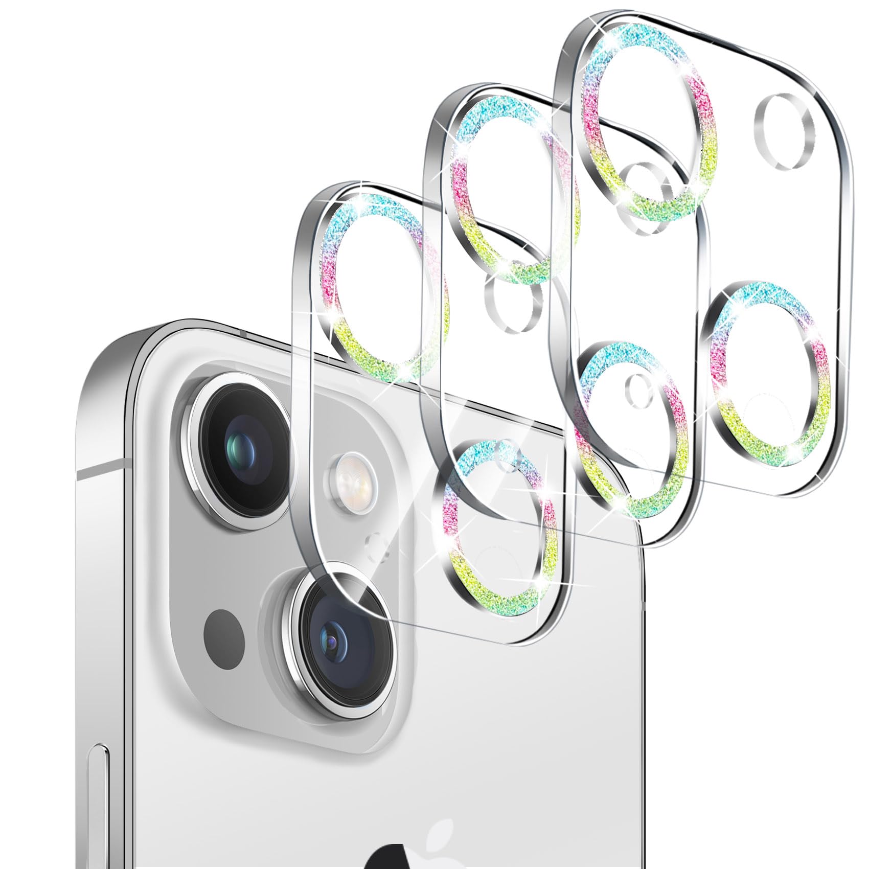 3 Pack Dengduoduo Tempered Glass Camera Lens Protector for iPhone 13 6.1" & iPhone 13 Mini 5.4", Bling Glitter Sparkle Ultra HD, 9H Hardness, Anti-Scratch, Case Friendly, Easy to Install [No Affect on Night Shots]