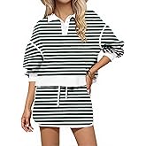BASQDOV Womens Striped 2 Piece Outfits Long Sleeve Sweatshirt Button V Neck Sweatsuits High Waist Shorts Lounge Sets