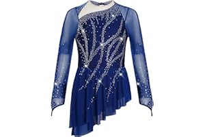 Xroufi Kids Girls Long Sleeve Figure Ice Skating Dress Rhinestone Ballet Skirted Leotard Gymnastics Dancewear