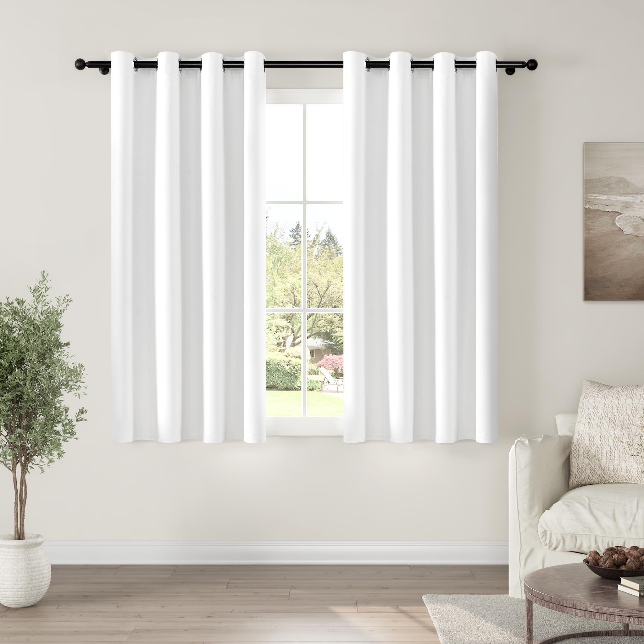 ChrisDowa 100% Blackout Pure White Solid Curtains 63 Inches Long 2 Panels for Bedroom Living Room,Farmhouse Room Darkening Thermal Insulated Soundproof Grommet Top Window Treatment Drapes,52x63