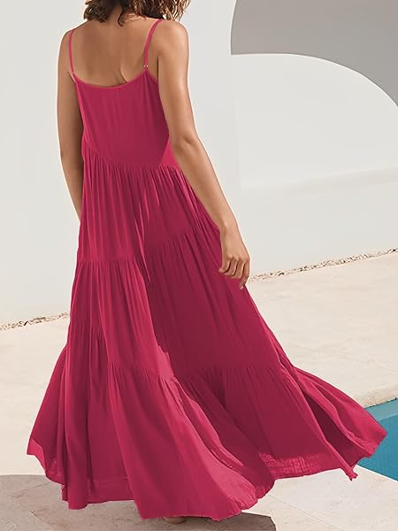 LCRRRN WOMENS FLOWY SUMMER DRESSES 2025 CASUAL LONG SLEEVELESS SPAGHETTI STRAP SUNDRESS ASYMMETRIC TIERED BEACH MAXI DRESS ROSE RED