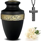 LIFAG Black and Gold Urns for Human Ashes Adult Man with Velvet Bag & Cross Necklace for Ashes of Loved One | Hand Engraved Cremation Urns for Men & Women | Elegant Burial & Funeral Urn, Large, 220lbs