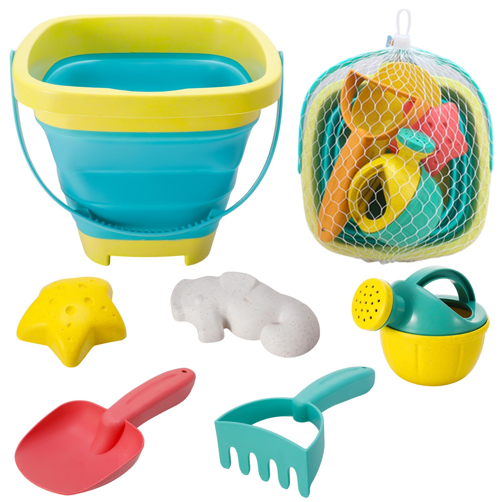 Kids Beach Toys Foldable Beach Bucket And Spade Set Seahorse and Starfish Molds Sand Shovels Watering Can with Mesh Bag Sand Toys For Kids Boys Girls