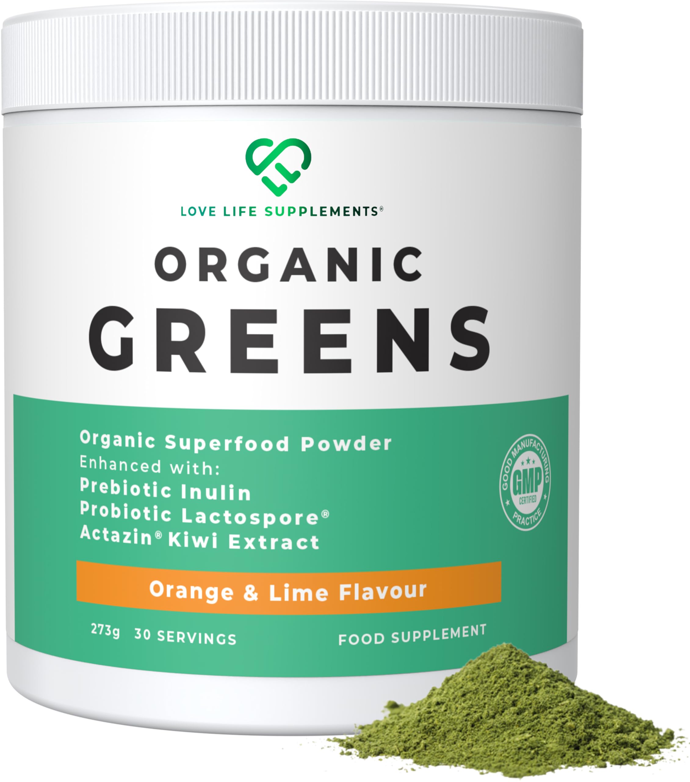 Organic Greens Superfood Powder, Prebiotics & Probiotics, Pea Protein & Actazin Kiwi Extract for Gut Health, High Dose Green Vegetables, Orange and Lime Flavour, 273g - 30 Servings