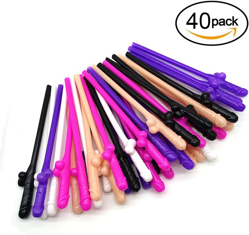 40Pcs Bachelorette Party Drinking Straws, HOMEWE Hen Party Favors Girls Fun Night Out Props, Fun Shape Bridal Shower Wedding Party Reusable Straws (Mixed Color)