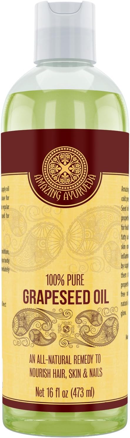 Amazing Ayurveda 100% Pure Grapeseed Oil - Cold Pressed & Hexane Free - No Synthetic Preservatives, Colors or Fragnances (16 Fl Oz)