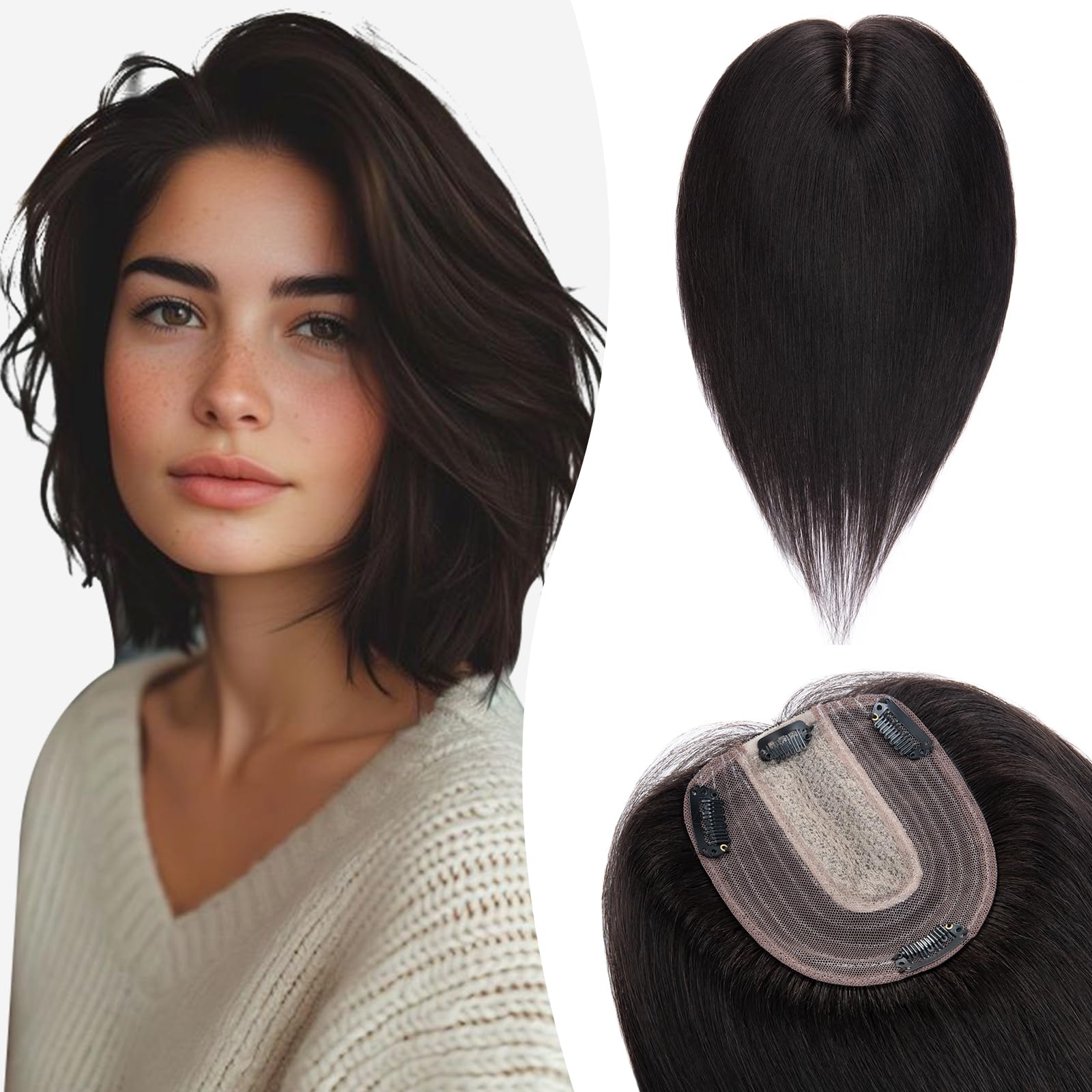 Silk-co 12inch Hair Topper for Thinning Hair Women Clip in Real Remy Human Hair Extensions Top Piece Base Size 10 * 12cm Silk+Lace Base (#1B Natural Black)