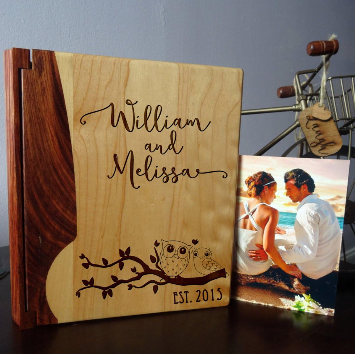 LoveToCreateStamps Personalized Wood Cover Photo Album, Custom Engraved Wedding Album, Style 1008 (Maple & Walnut Cover)