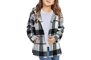 TYMIDY Girls Cute Flannel Plaid Button Down Top with Pockets Long Sleeve Hooded Jacket