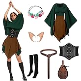 rumnigh 7 Pcs Women Elf Renaissance Costume Medieval Dress Traditional Irish Dress, Elf Cosplay Costume for Women Halloween