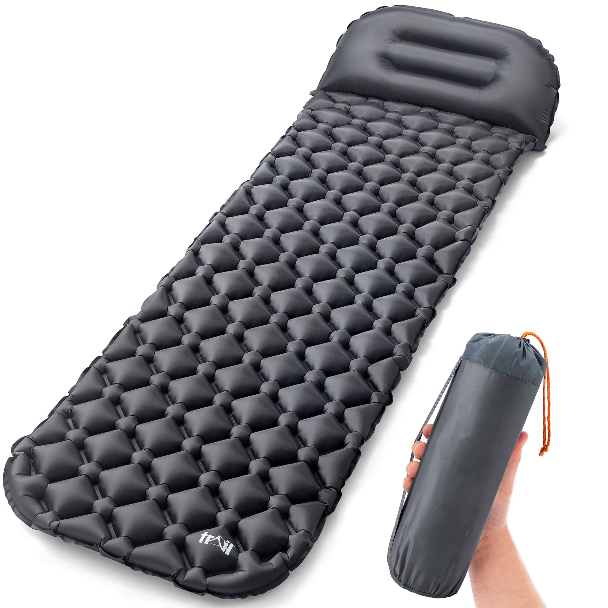 Lightweight Sleeping Mat With Pillow, Ultra Light Inflatable Camping Pad, Outdoor Hiking Backpacking Festival Air Mattress, Waterproof TPU, 190cm x 56cm x 5.5cm, 520g (Black)