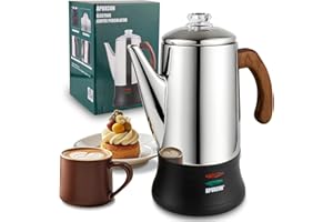 APOXCON Electric Coffee Percolator Stainless Steel Coffee Pot with Two Tough Glass Clear Brew Progress Knob & Treated Solid Wood Handle & On/OFF Switch Auto Keep Warm Cordless Serve (8 Cup)