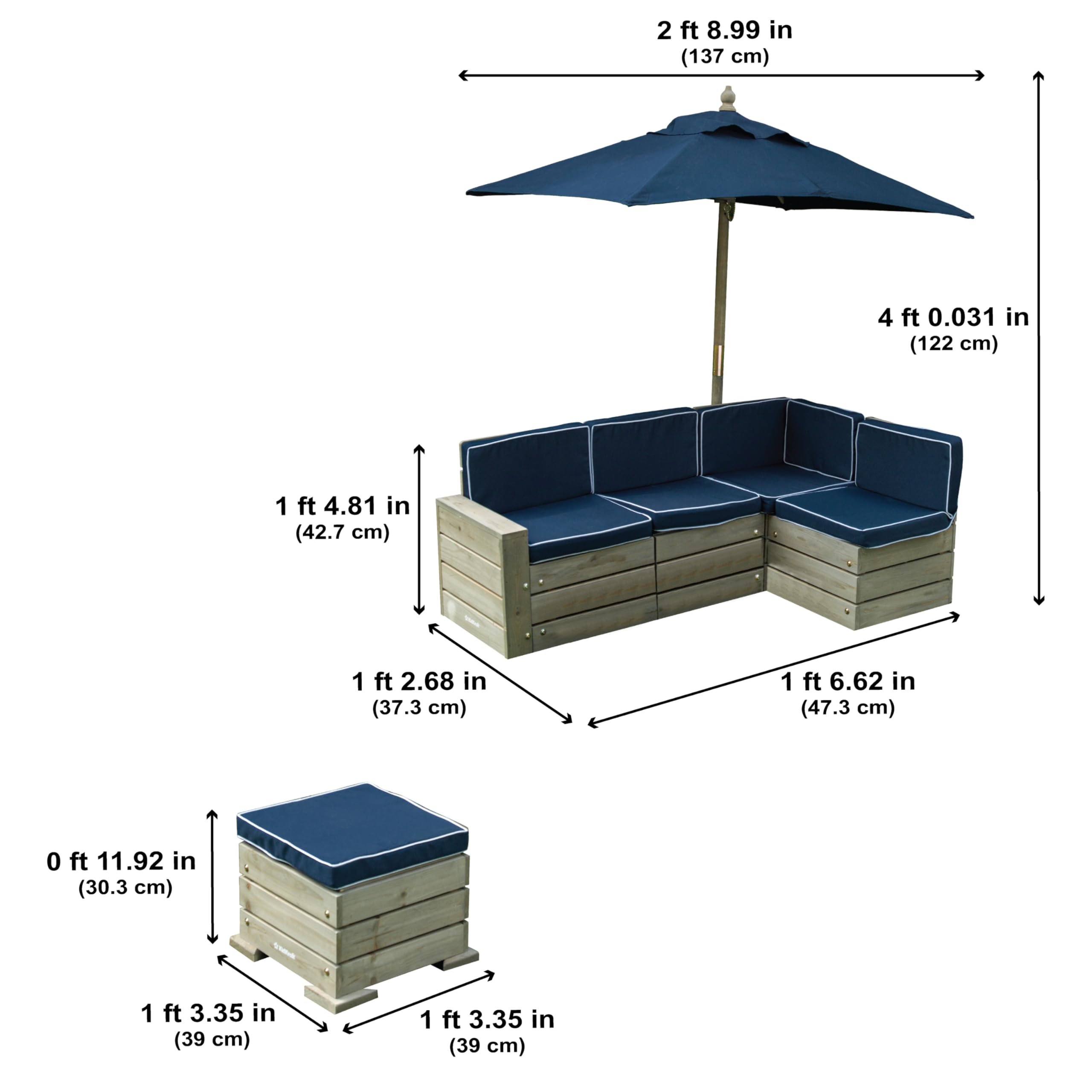 KidKraft Wooden Outdoor Sectional Ottoman & Umbrella Set with Cushions