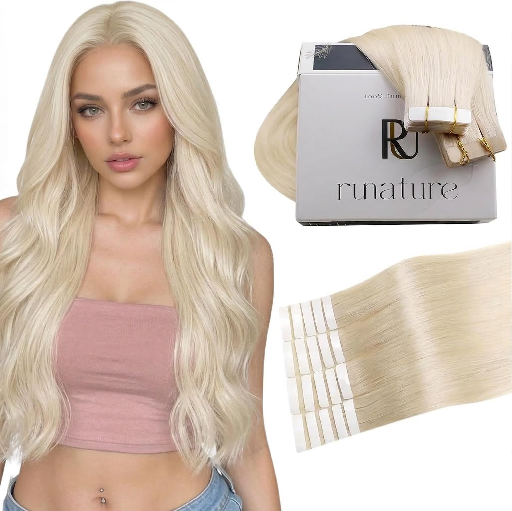 RUNATURE 22 Inch Blonde Tape Hair Extensions Real Human Hair Tape in Hair Extensions Human Hair Invisible Tapes Remy Straight White Blonde Hair 20pcs 50g #800