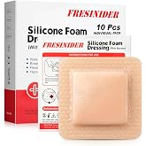 FRESINIDER Silicone Foam Dressing with Adhesive Border &ndash; Wound Dressing Bandage &ndash; Silicone Foam Pad &ndash; Pack of 10 &ndash; 4 x 4 Inches Large Waterproof Bandages &ndash; Self Adhesive Wound Care and Dressings