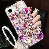 Changjia for iPhone 16e Glitter Bling Case, Cute Luxury 3D Sparkle Crown Crystal Rhinestones Diamond Gemstones Pearl with Lanyard Wrist Strap Women Girls Phone Case for iPhone 16e 6.1" 2025 (Hot Pink)