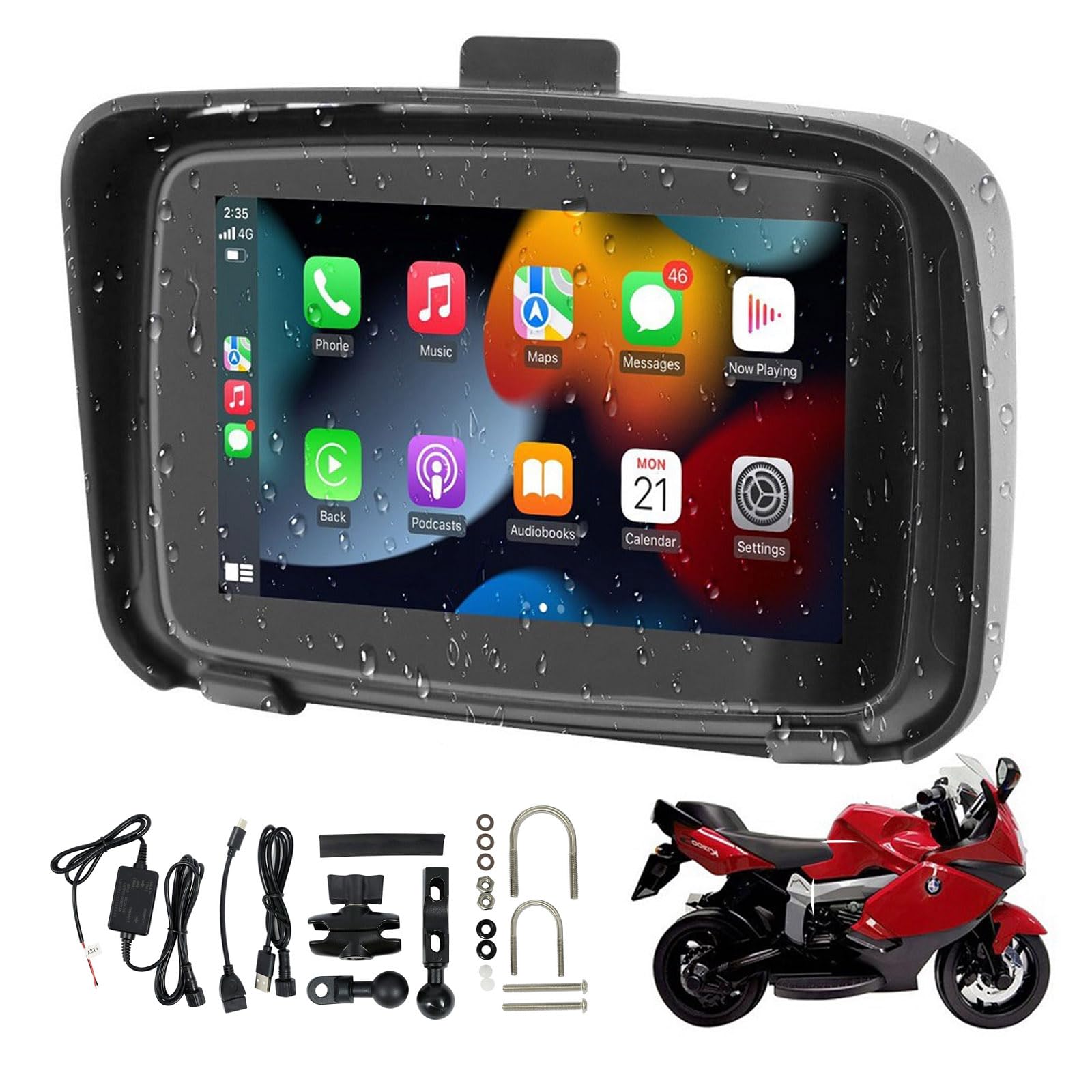 Sunweyer Portable Screen for Carplay Wireless Android Auto for Motorcycle,5 Inch IPX7 Waterproof Touchscreen,Auto GPS Navigation,5G Dual Bluetooth,Support Siri/Google Assistant