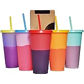 Alohastarttg Color Changing Cups, 5 Pack 24oz Plastic Tumblers, Reusable Iced Coffee & Smoothie Cups with Lids and Straws for Parties and Travel