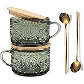 JVJRFQ Vintage Coffee Mugs Set of 2 Green, 14 Oz Overnight Oats Containers with Bamboo Lids and Spoons, Glass Breakfast Cups, Cute Coffee Bar Accessories Christmas Gifts
