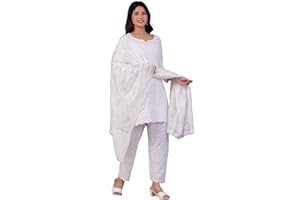 JG JAI GOVINDAM Indian Kurtis for Women Salwar Kameez Suit Set Indian Dresses Chikankari White Kurti Pant & Dupatta Set