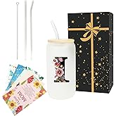 Monogrammed Glass Drinking Cup With Lid Straw Personalized Customized Post Cards Women Thank you Appreciation Gratitude Gifts Female Teacher End of Year School Bus Driver Nurse Pastor Team Mom,Gift I