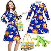 Ramede 3 Pcs Women Halloween Teacher Costume Set Vintage Long Sleeve Dress with School Bus Bag for Halloween Role Play Party
