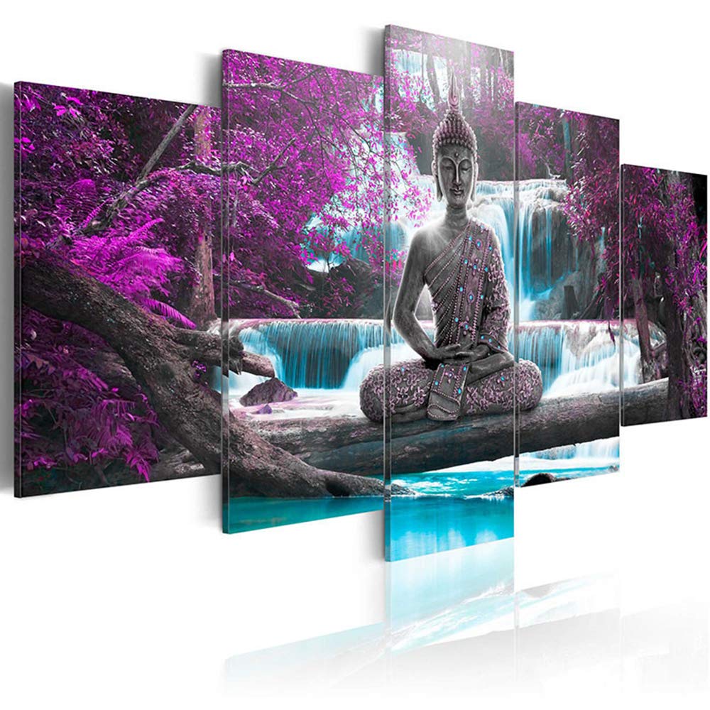 AWLXPHY Decor Large Buddha Waterfall Wall Art Canvas Painting Framed 5 Panels for Living Room Decoration Modern Landscape Buddha Trees Zen Stretched Artwork Giclee (Purple, 80"x40")