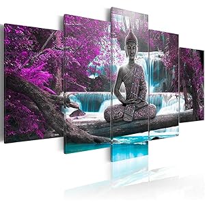AWLXPHY Decor Large Buddha Waterfall Wall Art Canvas Painting Framed 5 Panels for Living Room Decoration Modern Landscape Buddha Trees Zen Stretched Artwork Giclee (Purple, 80"x40")