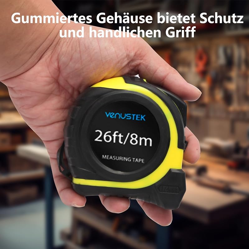 Maßband Massband, 8 m (26 Fuß), Profi Bandmaß mit Gürtelclip,Feststeller, gelb lackiert mit Zoll- und mm Skala, für Haushalt, Heimrenovierungen und Baustelle