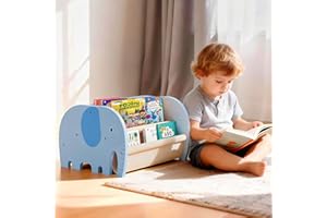 Yasters Double Sided Kids Bookshelf – 2 Tier Portable Toddler Bookshelf, Book Shelf for Kids Rooms & Playroom, Cute Elephant 