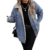 SHEWIN Women's Long Oversized Jean Jacket Fleece Lined Trucker Denim Coat | Oversized Baggy Fit,Trendy 2026 Fall Fashion Outfit,Button-Down Soft Cute Wash Jean Jacket,Cotton,Winter Coats，Girls &amp; Ladies