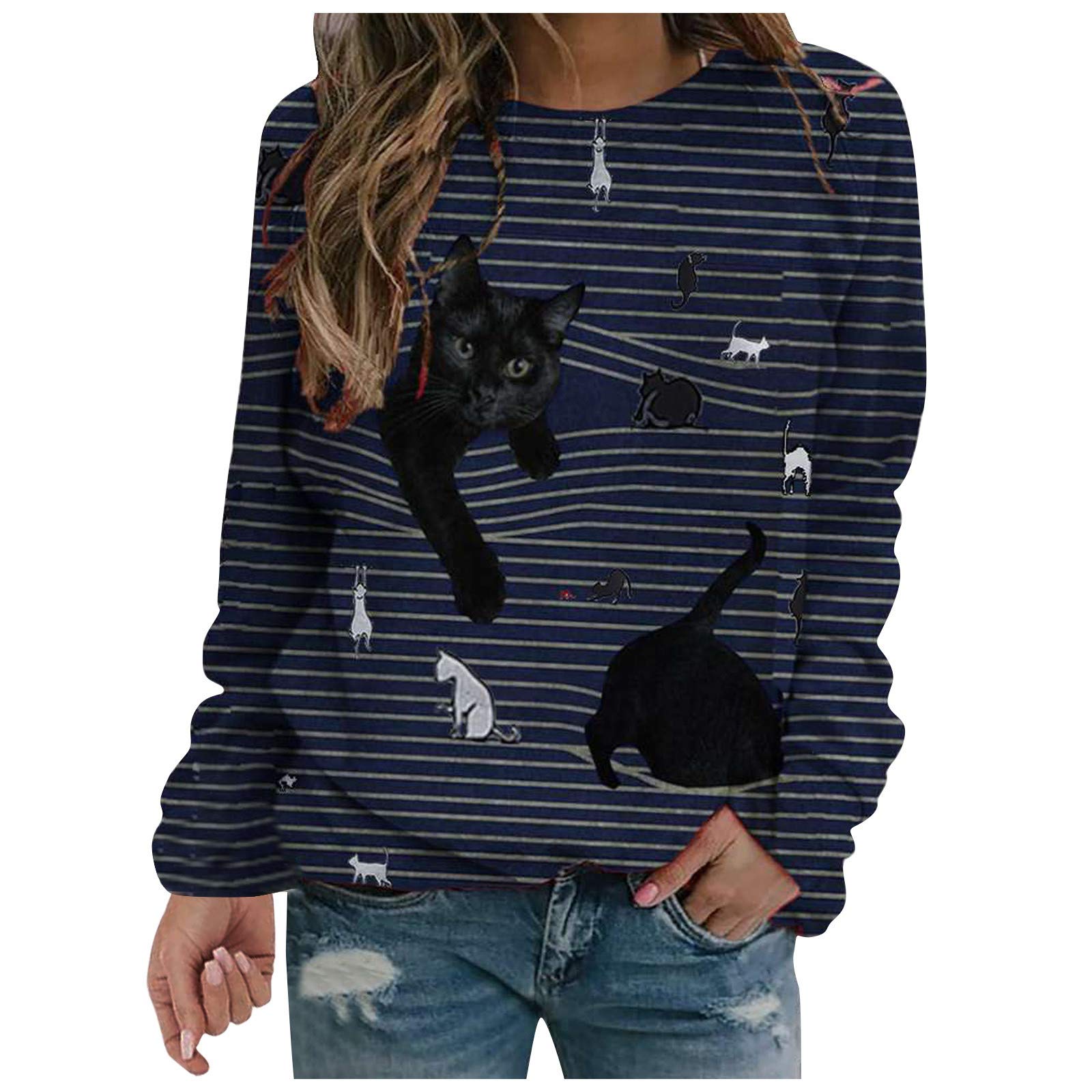 COOKI Women Sweatshirts Women's Cute Funny Crewneck Plaid Striped Cat Graphic Pullover Tops Long Sleeve Sweater Shirts