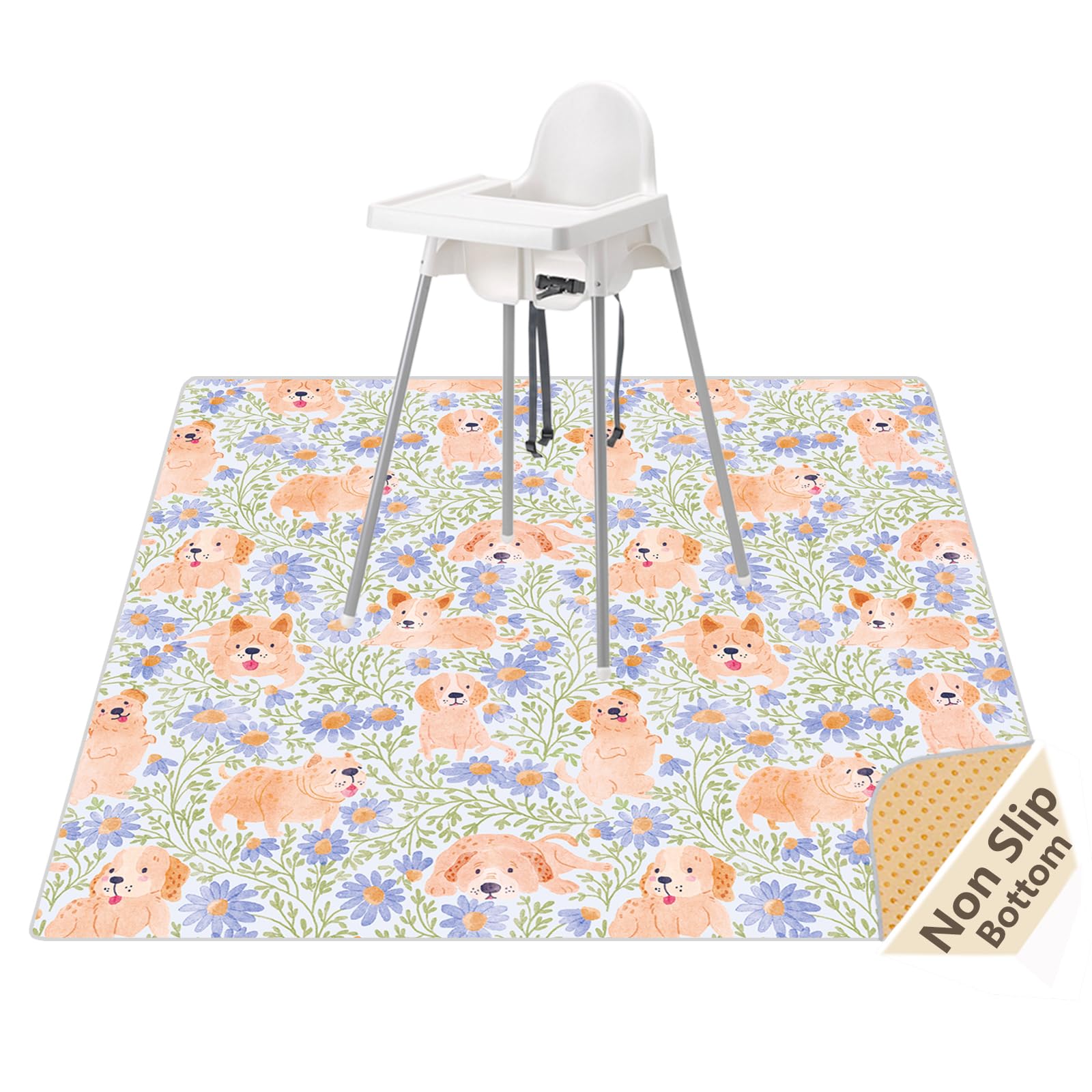 Splat Mat for Under High Chair/Arts/Crafts, Waterproof and Anti-slip Splash Mat Floor Protector, Washable Highchair Floor Mat, 51 Inch Reusable Messy Mat and Baby Feeding Table Cloth (Dog)
