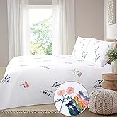 YINFUNG White Floral Duvet Cover Cotton Queen Flower Embroidered Pink Green Blue Botanical Wildflower French Country Rustic Girls Feminine Elegant Bedding Set 90x90