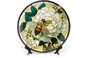 Gokays Stained Glass Window Design w/Bees Decorative Plates Home Decor Ceramic Plates Wedding Gifts Dinner Plates Display for Living Room, Kitchen, Hallway Console Side Table, 10 Inch