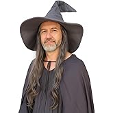 Grey Wizard Hat with Removable Hair Wig Costume Accessory Adult Adjustable Witch Hat Sorcerer Long Gray Deluxe Set
