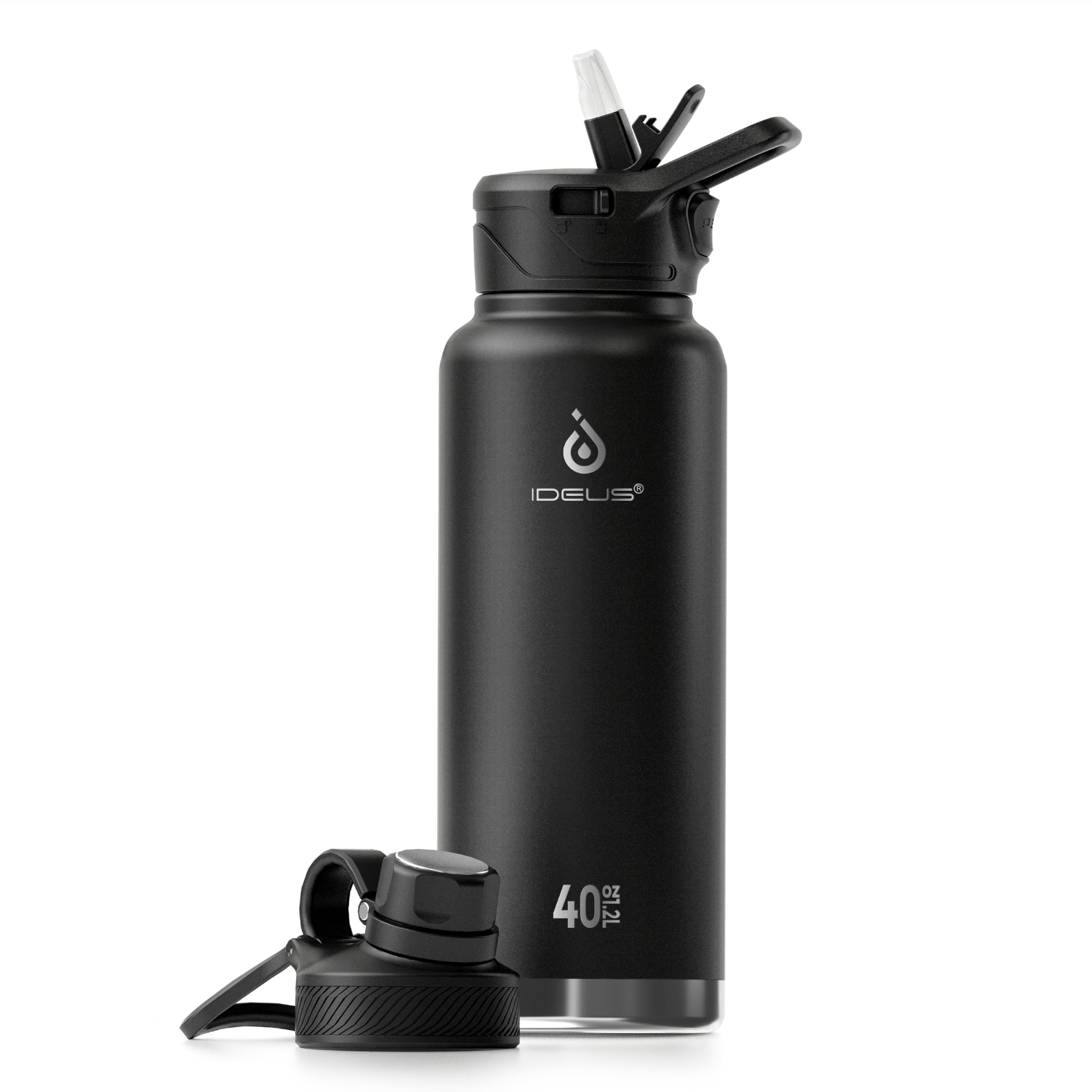IDEUS Vacuum Insulated Water Bottle 1140ml/40oz, Leak-Proof Stainless Steel Water Bottle, Double Wall Flask, Metal Sports Canteen with 2 Lids