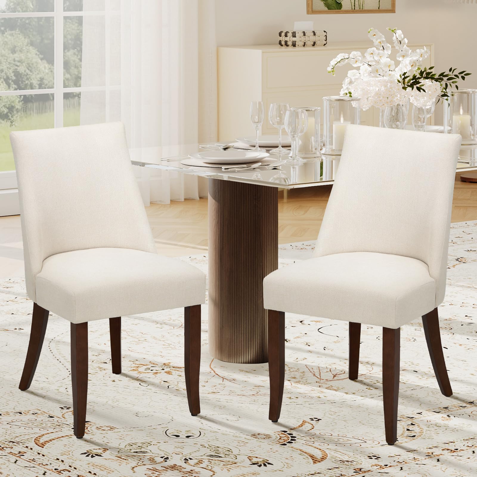 Photo 1 of COLAMY Upholstered Dining Chairs Set of 2, Mid Century Modern Kitchen Chairs with Back, Farmhouse Fabric Side Dining Room Chairs with Wood Legs for Dining Room Restaurant, Beige