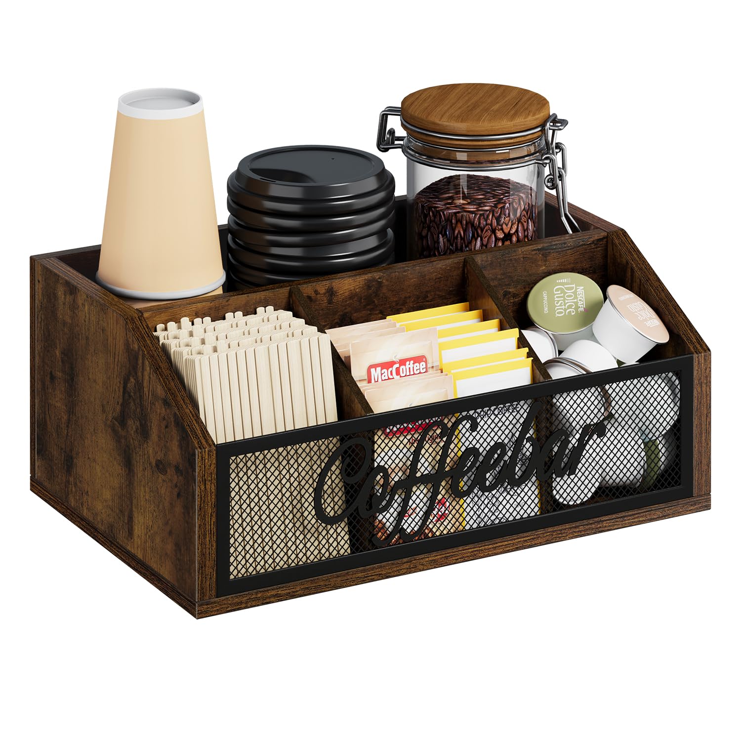 Photo 1 of YINMIT Coffee Station Organizer for Countertop, Wood Coffee Bar Organizer with Removable Dividers for Pods, Syrup, Cups, Stirrer, Tea - Office Coffee Bar Accessories