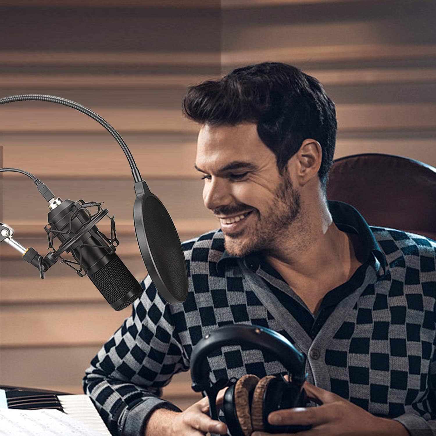 Aokeo Professional Microphone Pop Filter Mask Shield For Blue Yeti and Any Other Microphone, Mic Dual Layered Wind Pop Screen With A Flexible 360° Gooseneck Clip Stabilizing Arm: Musical Instruments