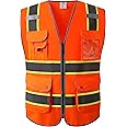 JKSafety 9 Pockets Hi-Vis Neon Orange Color Zipper Front Safety Vest with Fluorescent Yellow Extend Edge outlining the Reflective Tapes Meet ANSI/ISEA Class 2 Standard (901-Orange, 4X-Large)