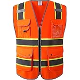 JKSafety 9 Pockets High Visibility Zipper Front Safety Vest | Orange with Dual Tone High Reflective Strips | Meets ANSI/ISEA Standards (901-Orange, XX-Large)