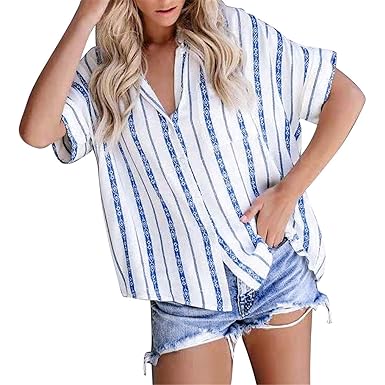 Amazon Com Wodceeke Womens Short Sleeve Striped Lapel Shirts