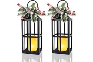 Bdor 2 Pack Christmas Lantern Decoration with LED Flameless Candle, Pinecones & Holly Berries, Holiday Tabletop or Porch Decor, Battery Operated Christmas Lighting
