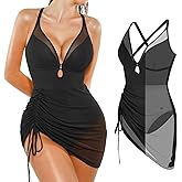 Popilush Swim Dress for Women One Piece Swimsuits Tummy Control Slimming Mesh Sheer Sarong Wraps Bathing Suit
