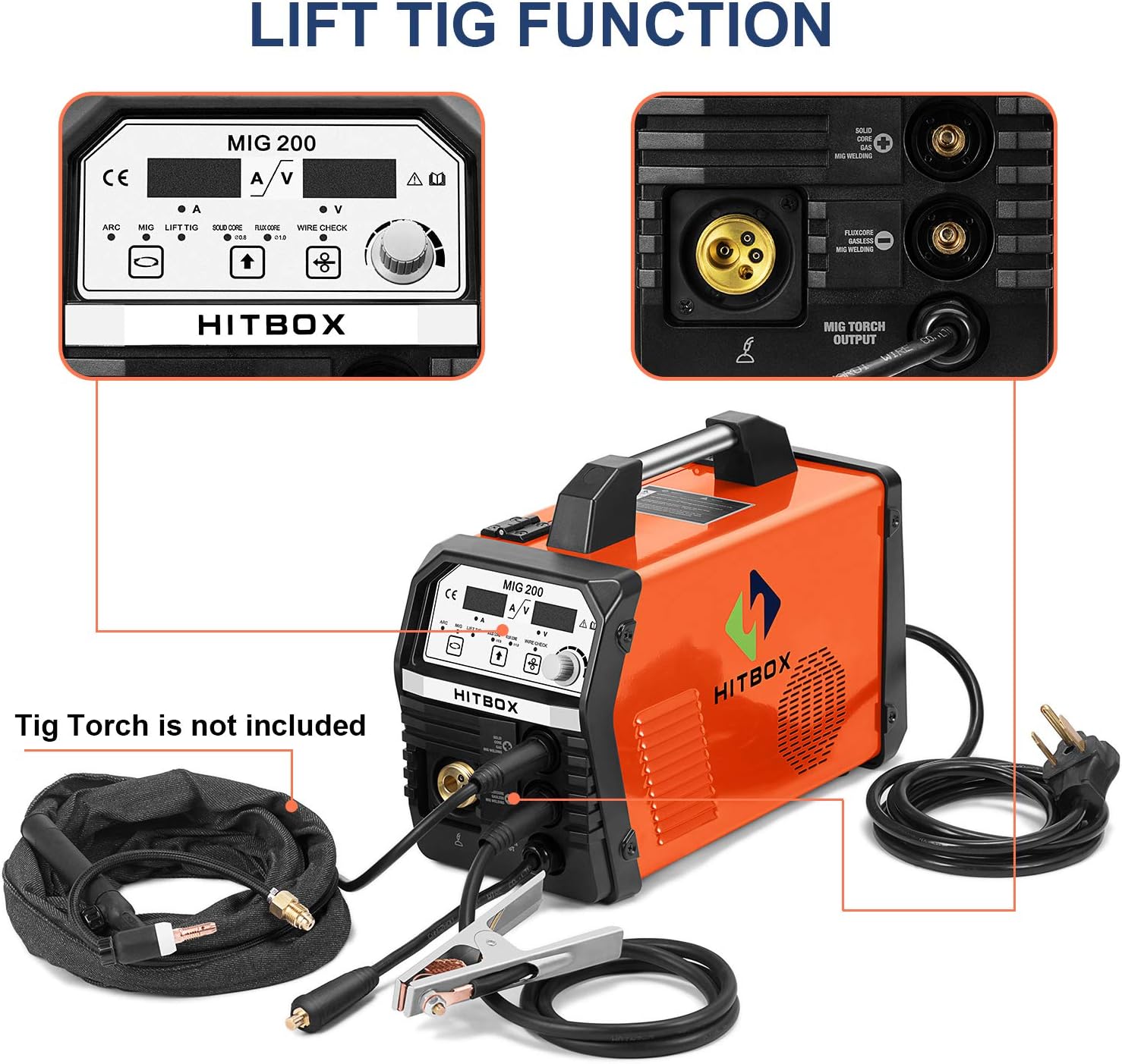 HITBOX MIG Welder 200Amp Inverter MIG ARC Lift TIG Gas Gasless 4 in 1 Multifunction MIG Welding Mahcine 220V Flux Cored Wire Solid Core Wire Welding Equipment - - 